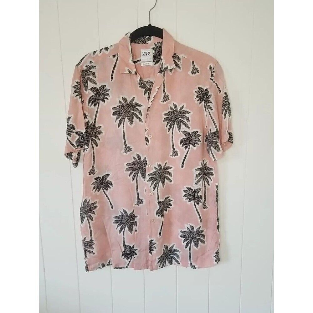 Zara Men's All Over Palm Tree Print Shirt Relaxed Pink White Sz Small Summer